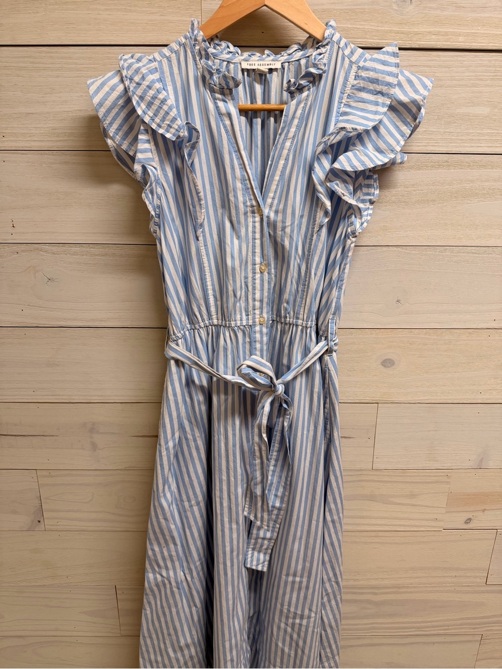 Light Blue & White Striped Ruffle Maxi Dress with Tie Waist